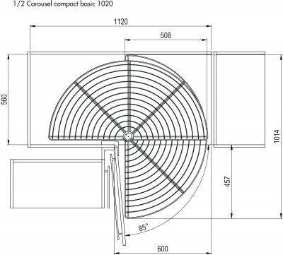 Måttbild på halvkarusell i antracit för hörnskåp som passar skåpslucka 500 mm.
